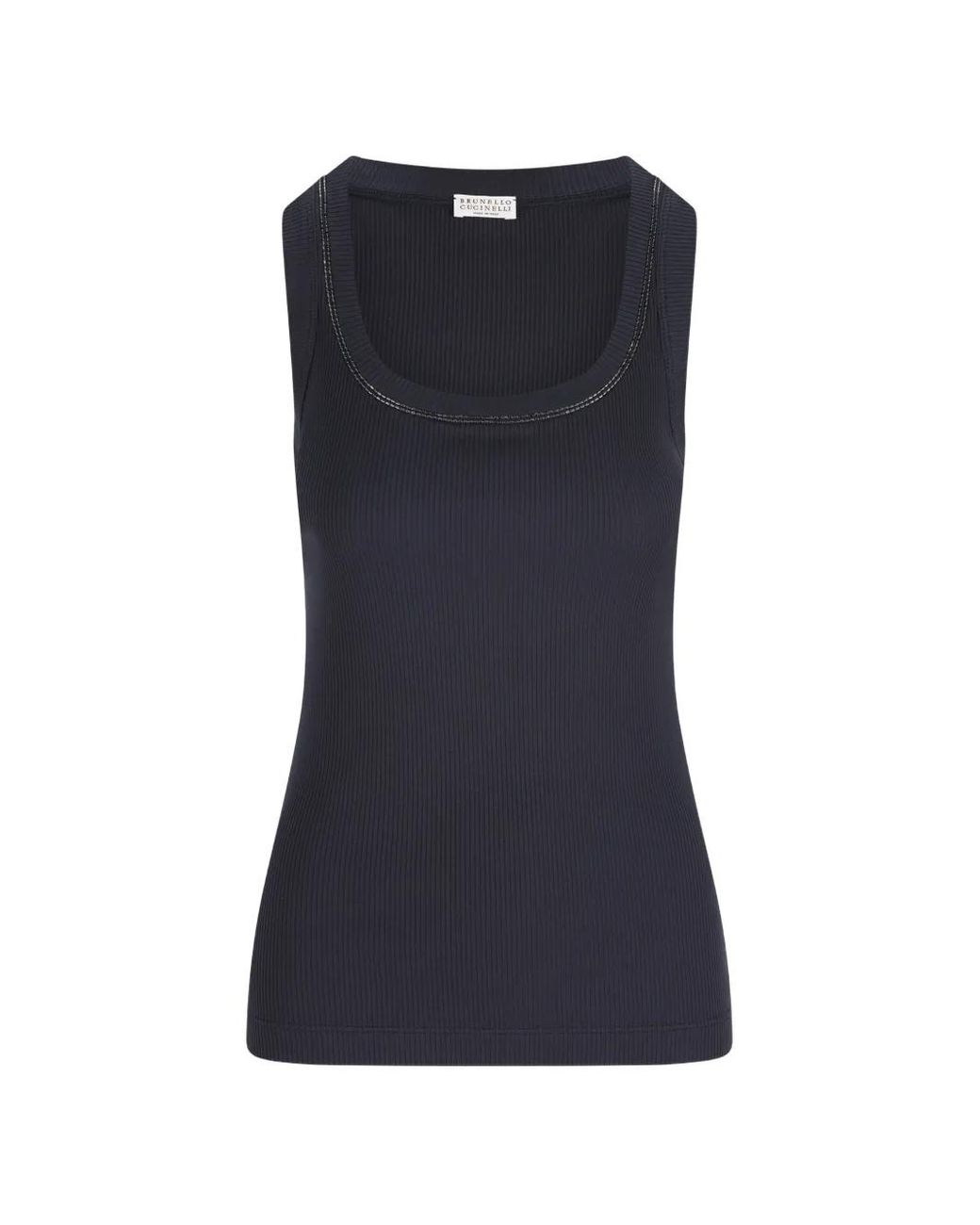 Brunello Cucinelli Blue Stretch Cotton Ribbed Jersey Top With Shiny Trim