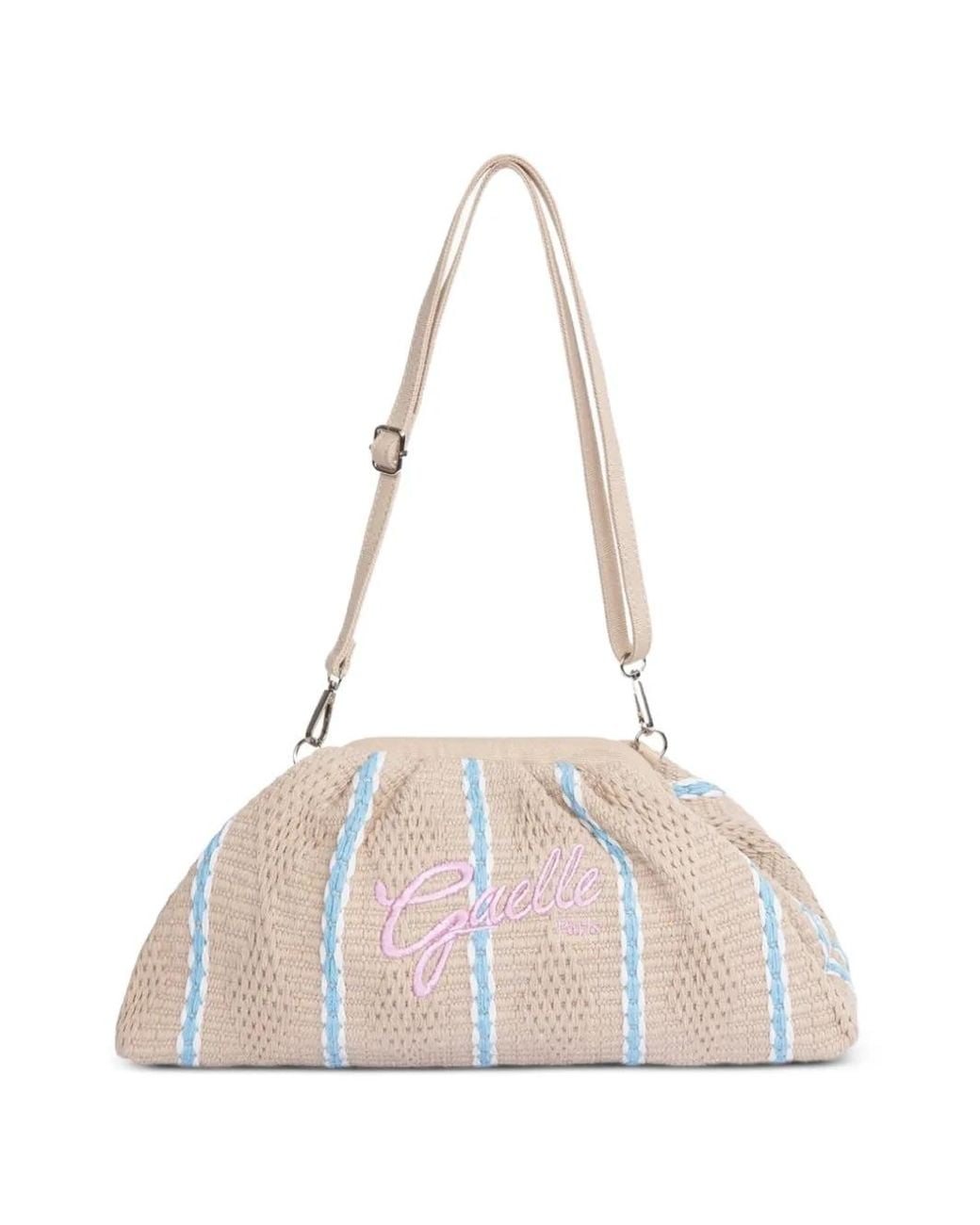 Gaelle Paris Natural Large Logo-Embroidered Striped Cotton Clutch Bag