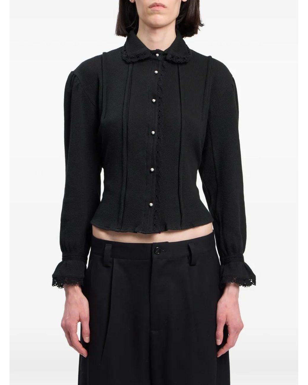 Ann Demeulemeester Black Lace-Trim Waffle-Jersey Blouse
