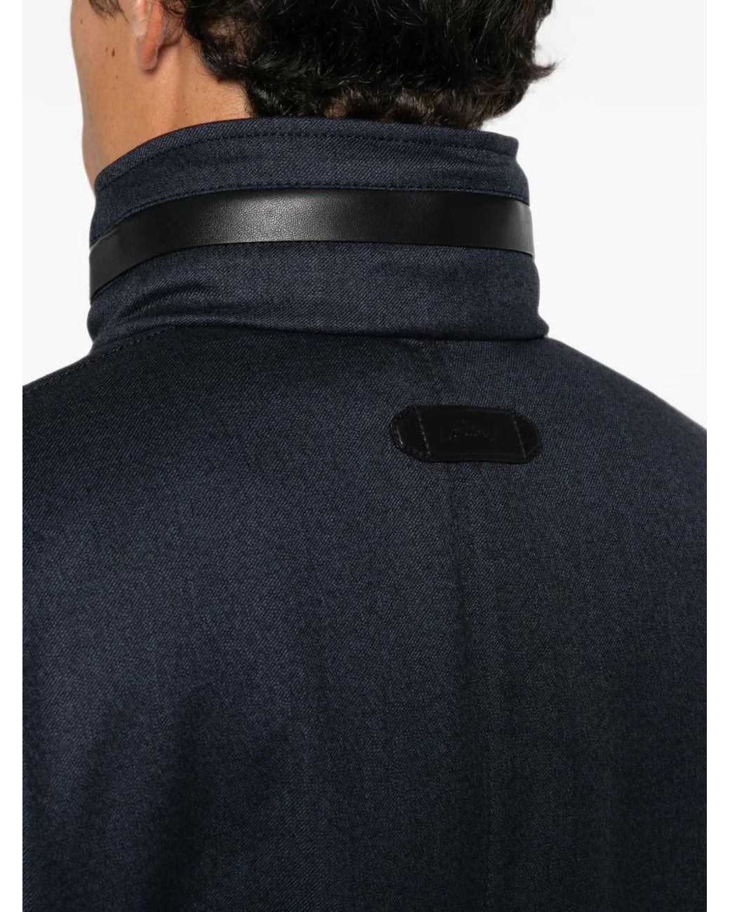 Brioni Blue Manteau Bordé De Cuir À Poches Poitrine for men