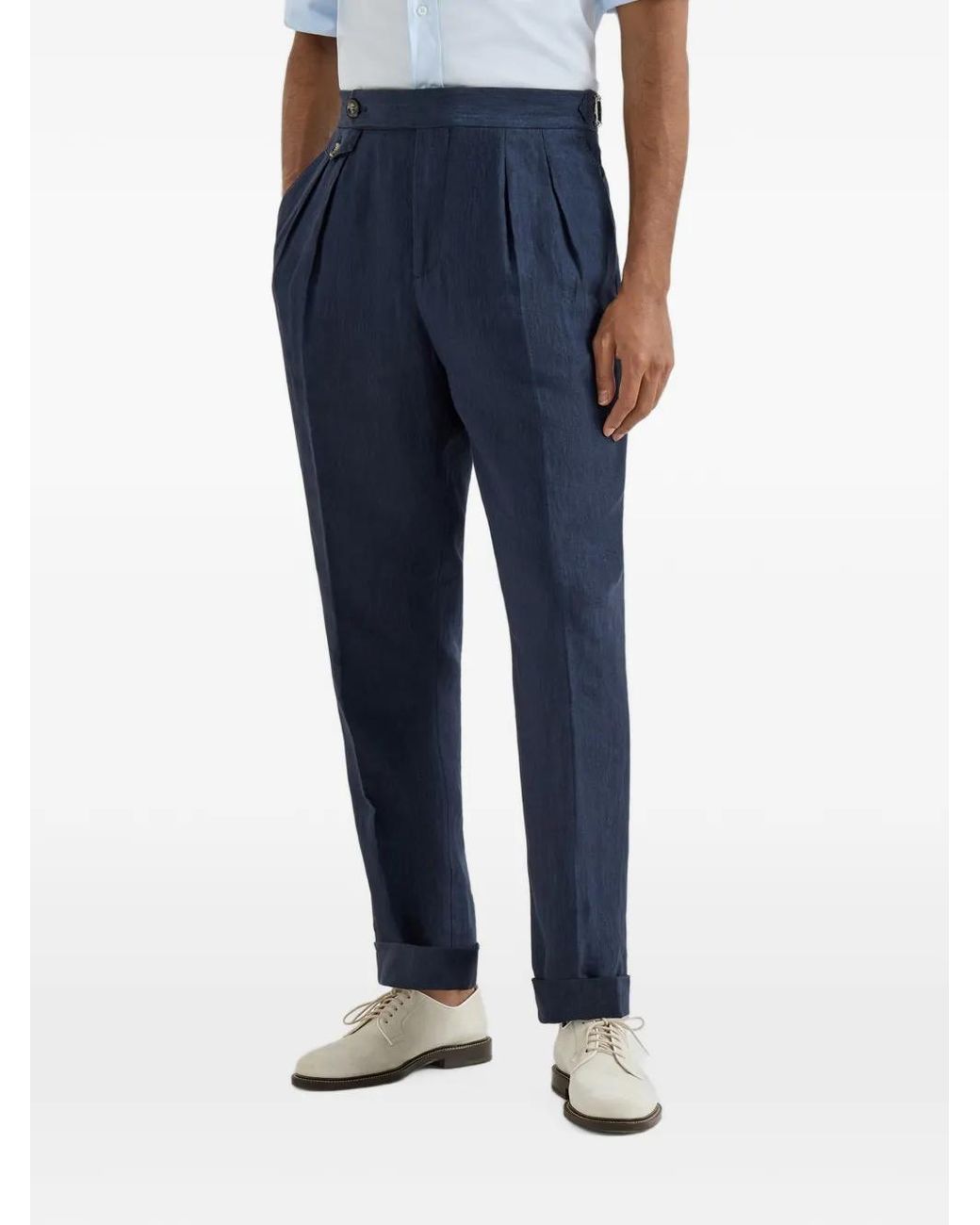 Brunello Cucinelli Blue Lightweight Délavé Linen Trousers With Reversed Double Pleats And Waist Tabs for men