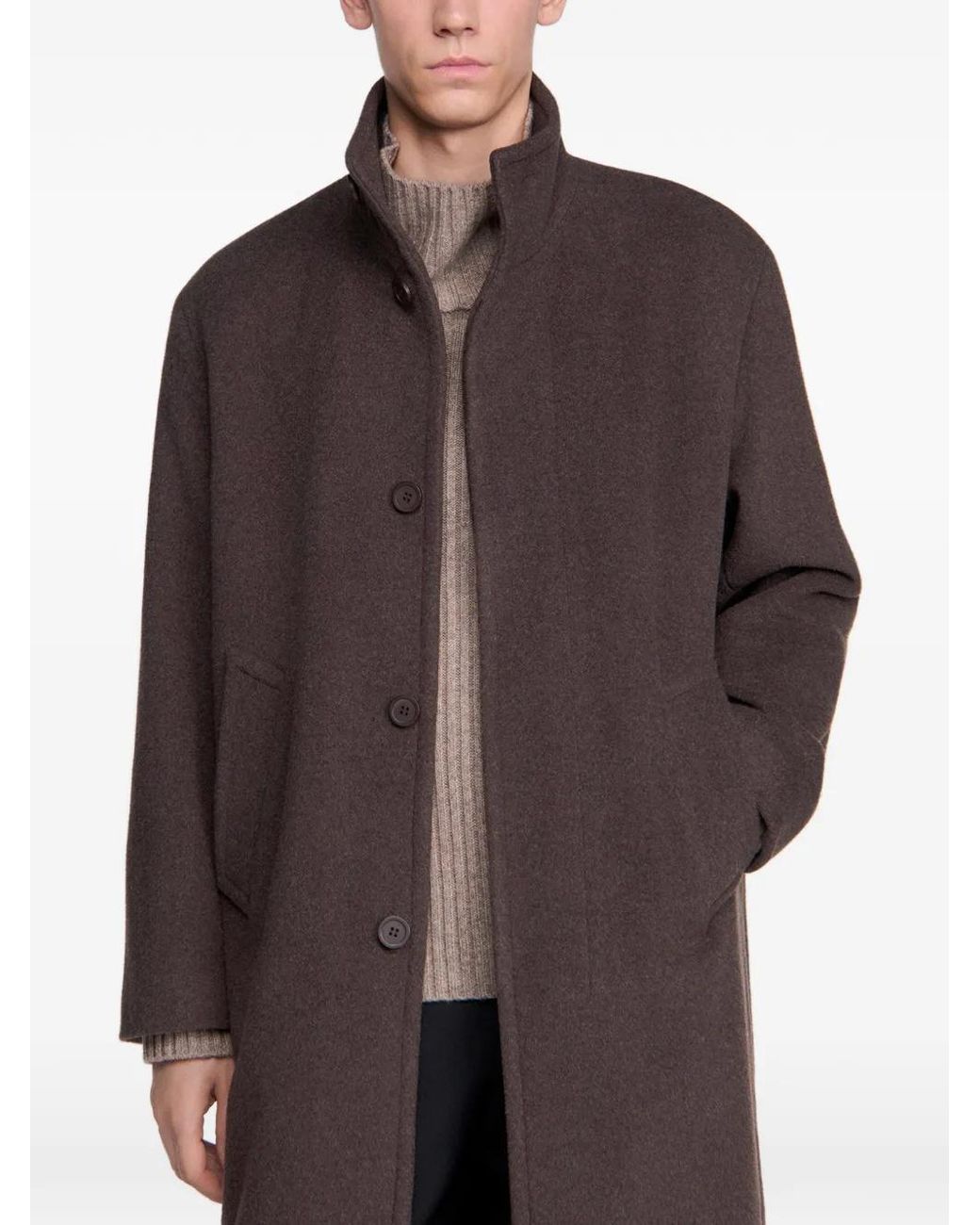 Sandro Brown Stand-Up Collar Overcoat for men