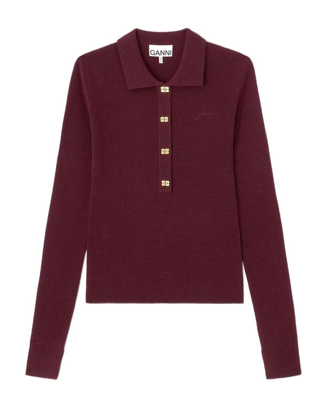 Ganni Purple Buttoned Collared Knitwear