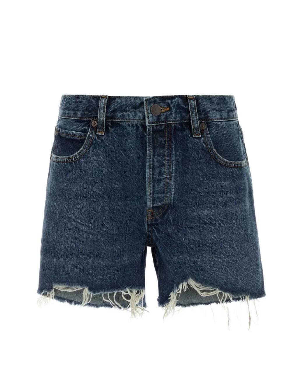 FRAME Blue The Long Hang Frayed Shorts