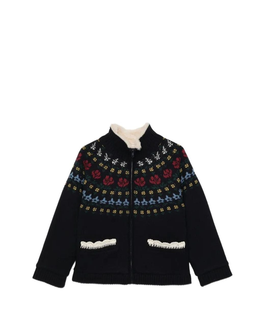 Sea Black Fair Isle-Knit Shearling-Collar Jacket