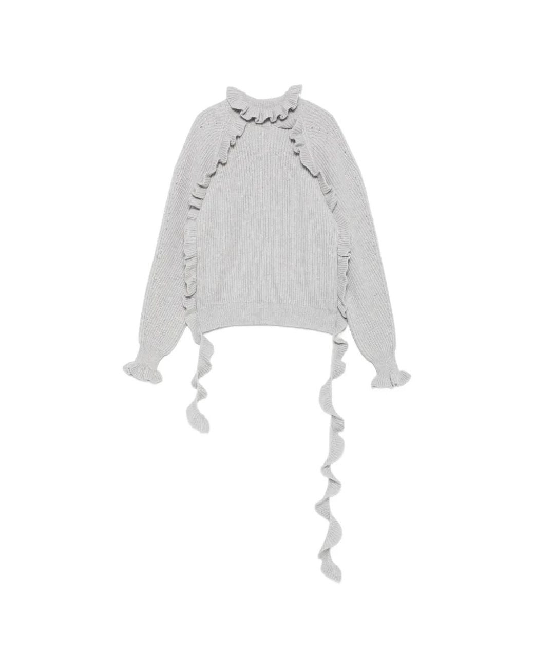 Blumarine White Ruffled Ribbed-Knit Sweater