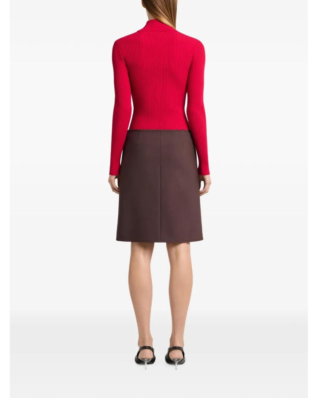 Courreges Red Ribbed Knit Slash Mockneck Sweater