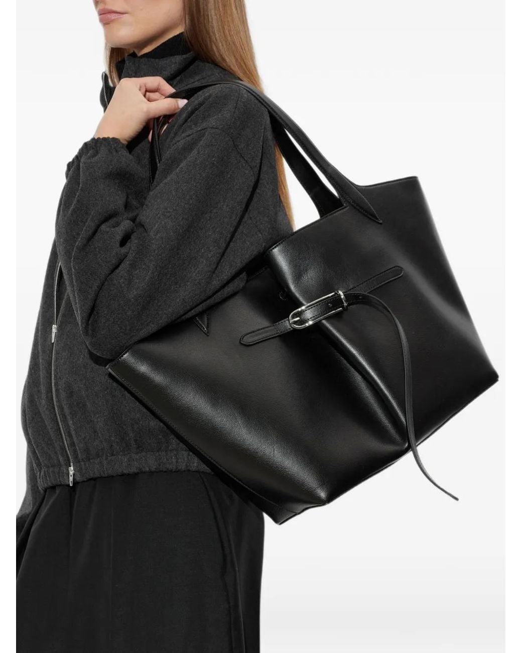 Liffner Black Buckle-Detail Leather Tote Bag