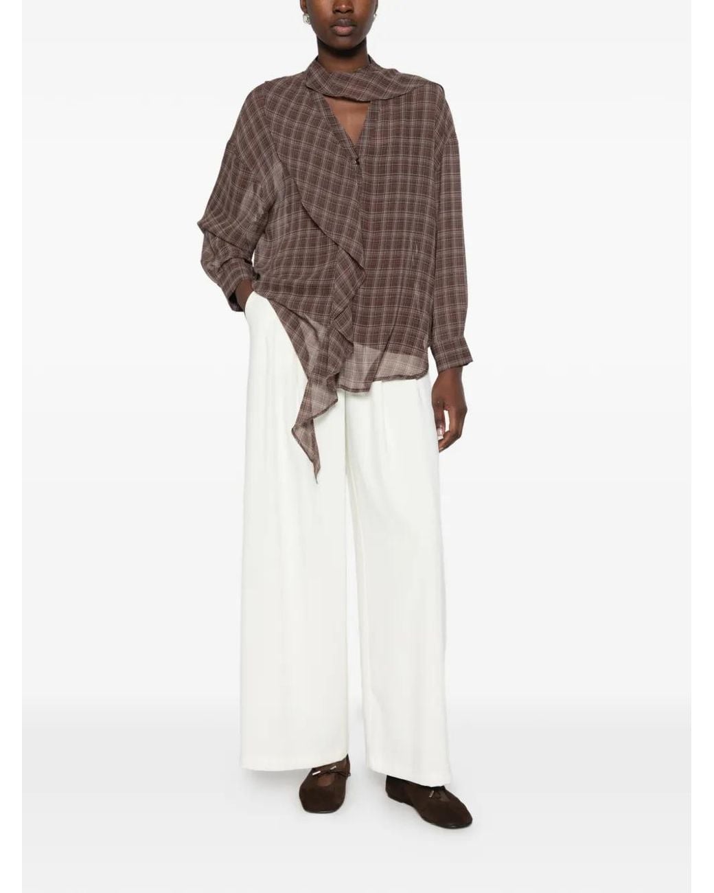 ELEH Brown Check-Pattern Ruffled Blouse