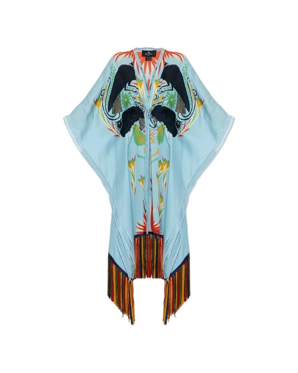 Etro Blue X Tabby Booth Silk Kaftan With Fringing And Placed Print