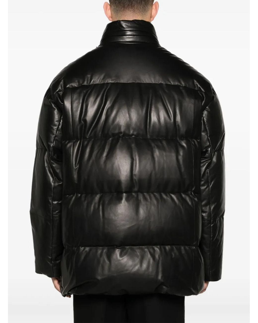 Prada Black Logo-Plaque Leather Puffer Coat for men