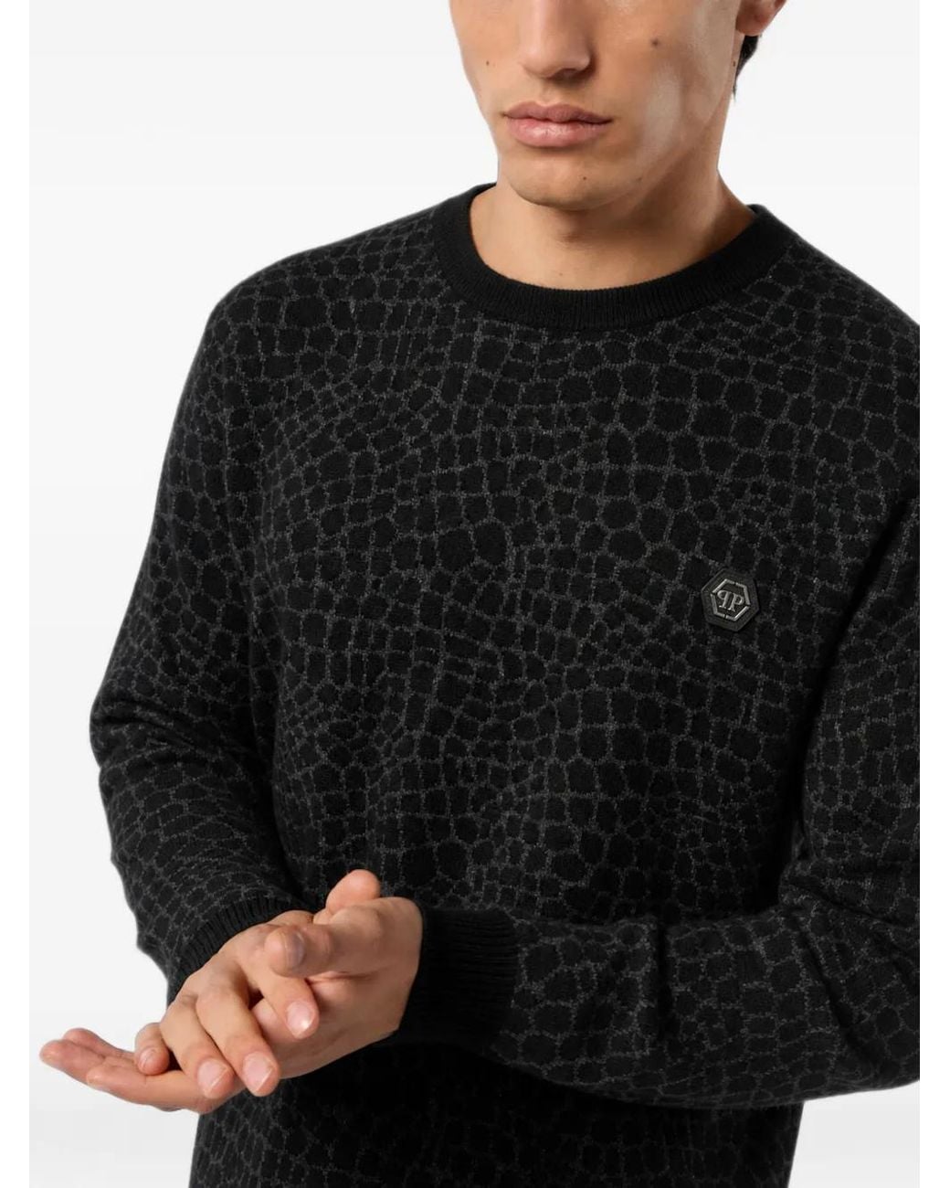 Philipp Plein Black Wool Cashmere Round-Neck Pullover Cocco for men