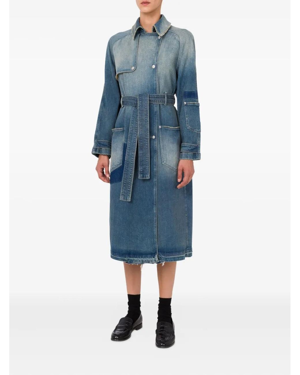 Moschino Blue Mid-Length Denim Coat With Belted Waist
