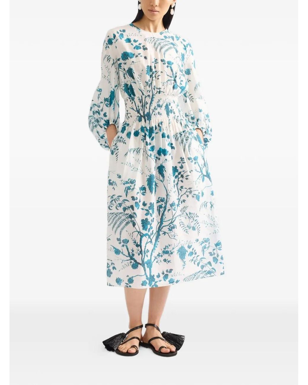Erdem Blue Botanical-Print Shirred-Waist Midi Dress
