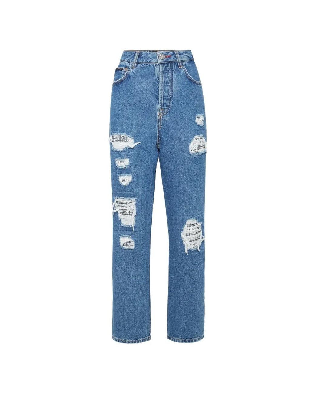 Philipp Plein Blue Distressed Crystal-Embellished Jeans