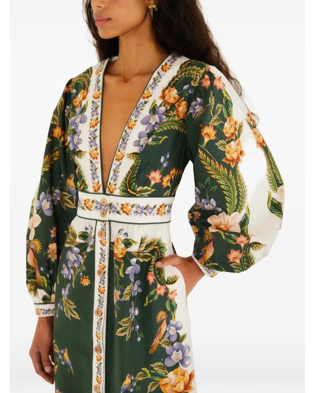Farm Rio Green Nature V-Neck Buttoned Maxi Dress