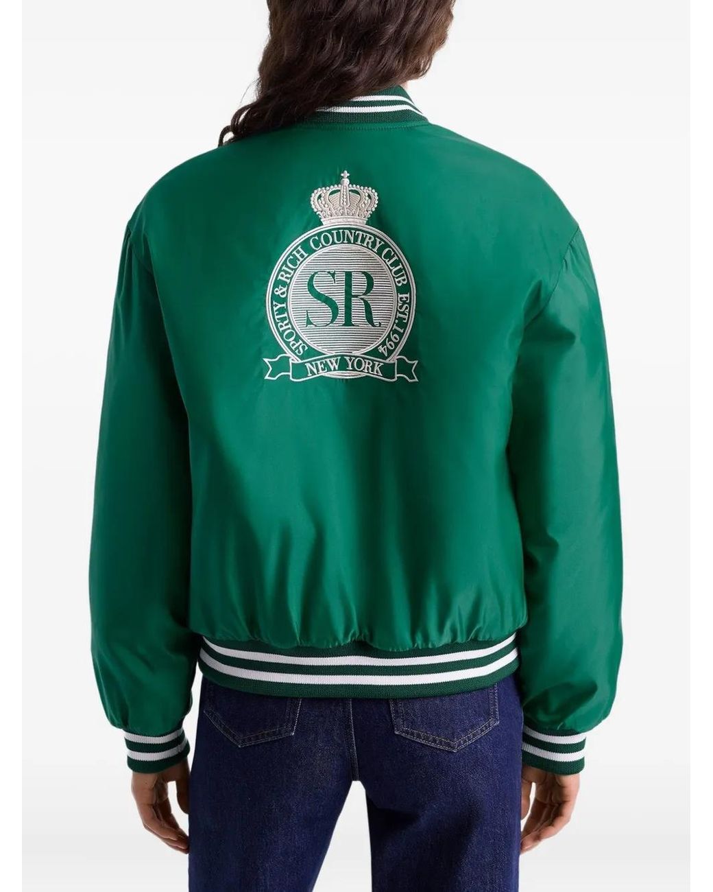 Sporty & Rich Green Embroidered Satin Bomber Jacket