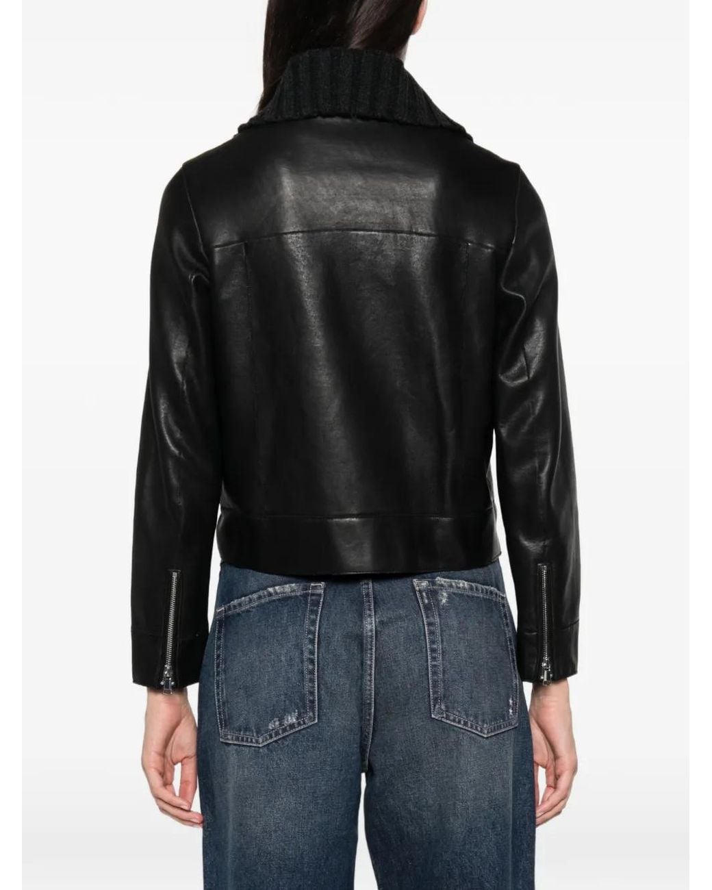The Jackie Leathers Black Tilde Ribbed-Knit Collar Leather Jacket