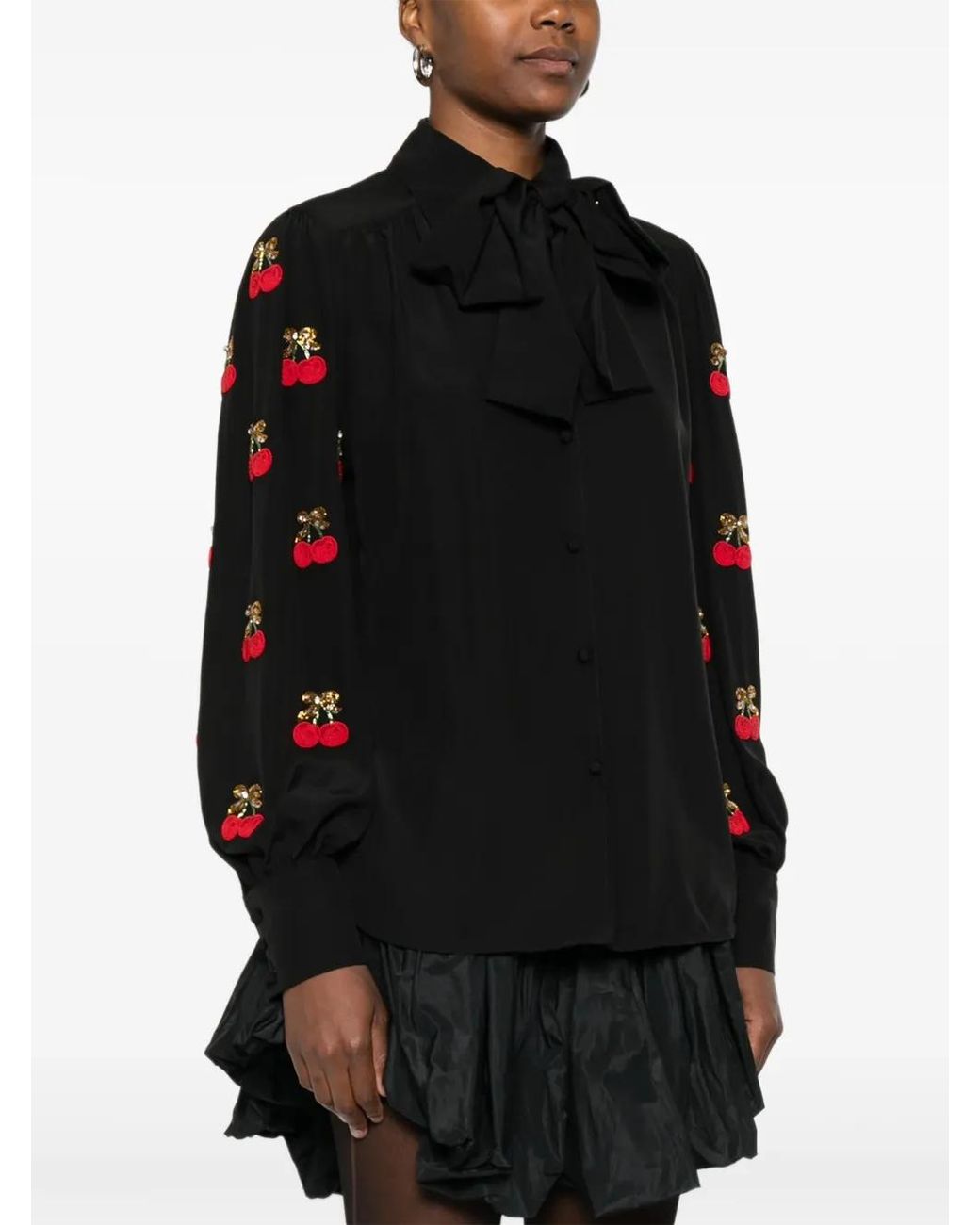 Valentino Garavani Black Cherry-Embellished Bow Blouse