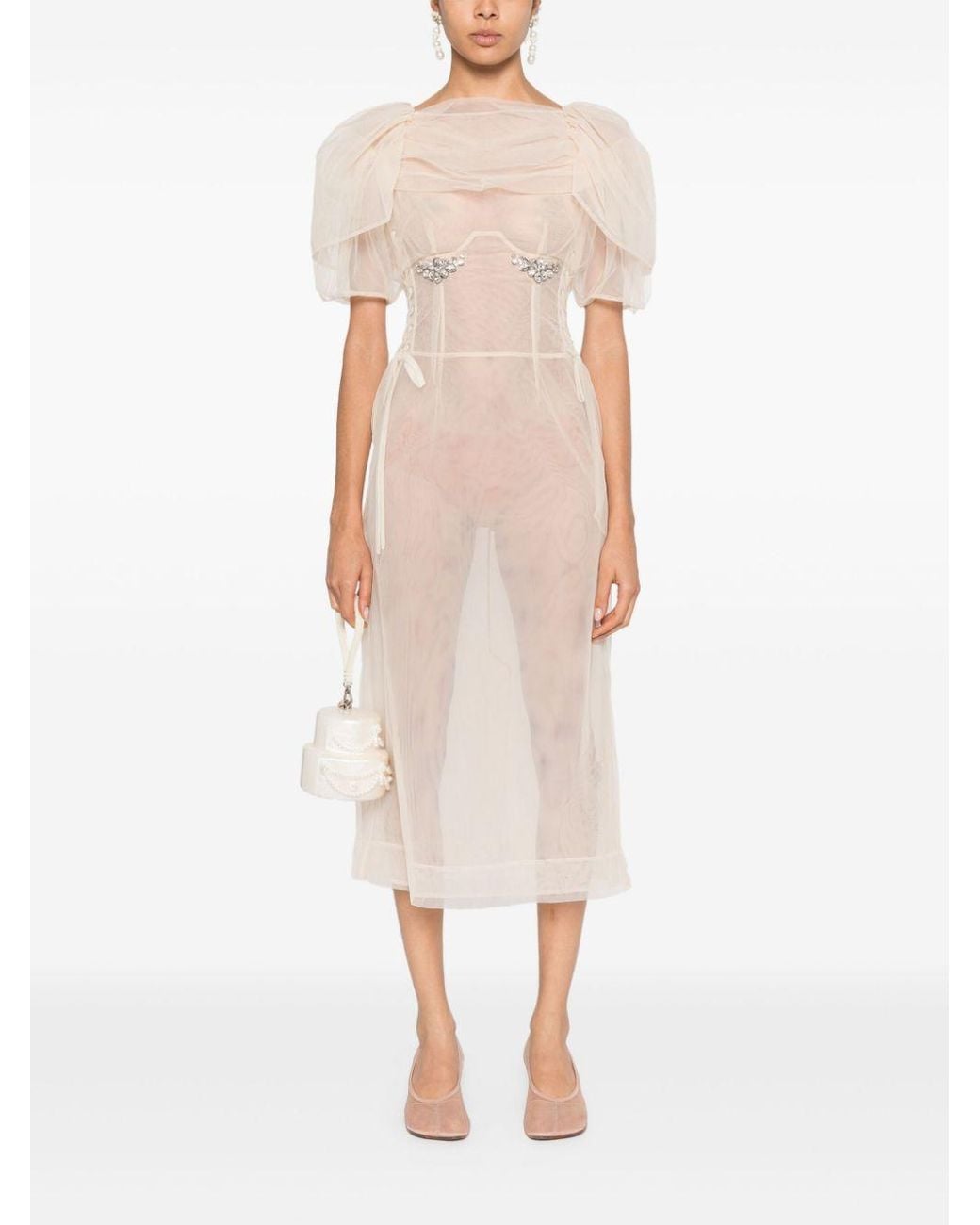 simone rocha sheer embellished midi dress Simone Rocha Embellished Tulle Layered Floral-Jacquard Midi Dress