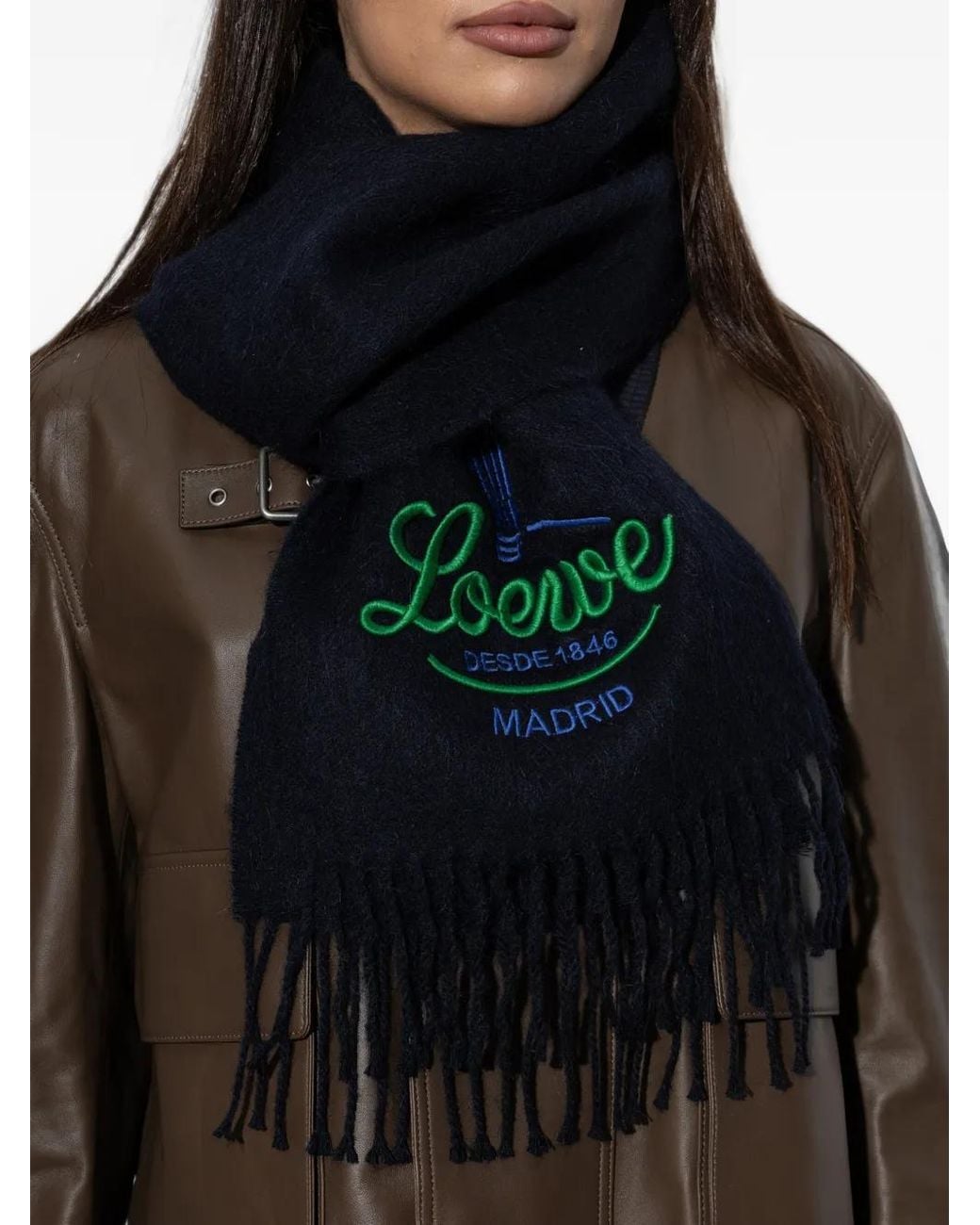 Loewe Blue Logo-Embroidered Fringed Scarf