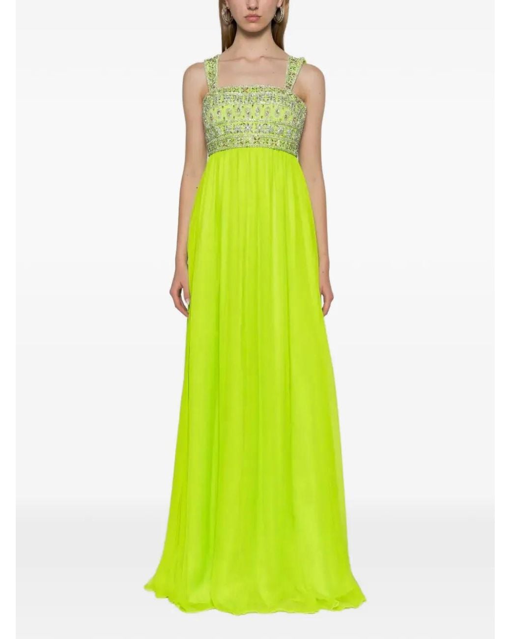 Dina Melwani Green Crystal-Embellished Empire-Waist Maxi Dress