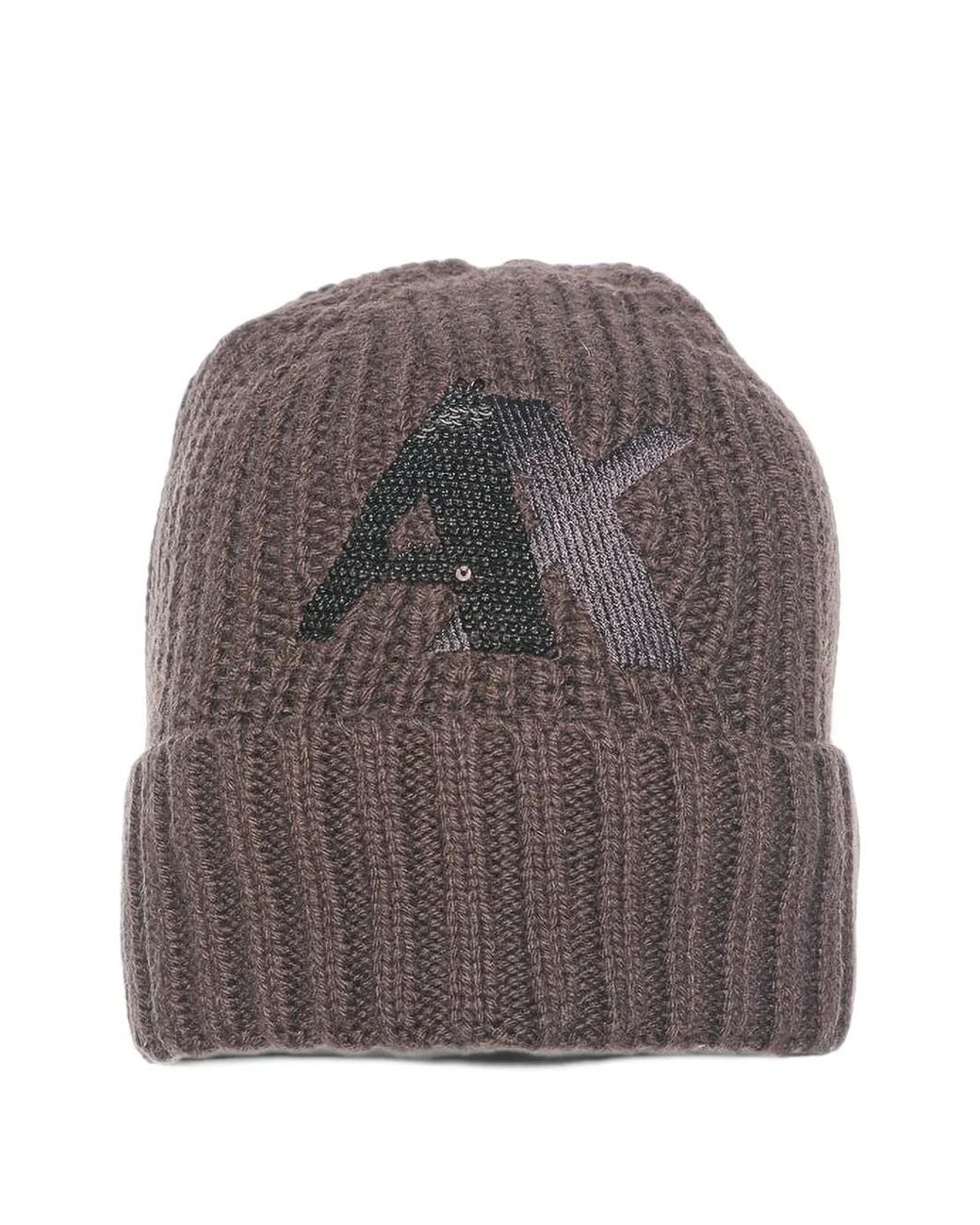 ARMANI EXCHANGE Gray Ribbed-Knit Logo Beanie Hat