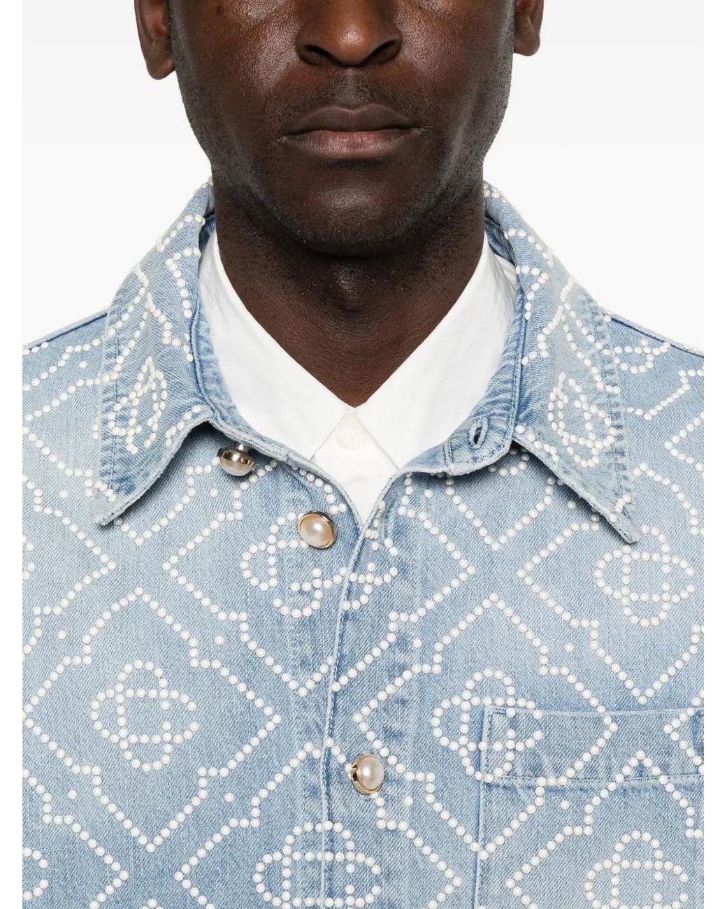 Casablanca Blue Monogram-Embellished Denim Shirt for men