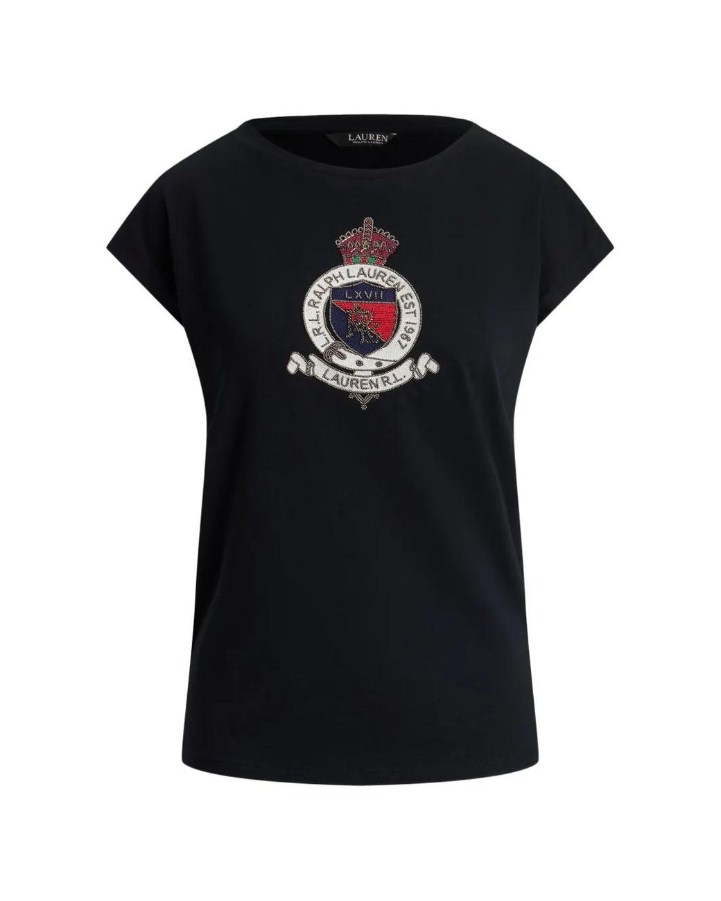 Ralph Lauren Black Crest-Patch Cap-Sleeve T-Shirt