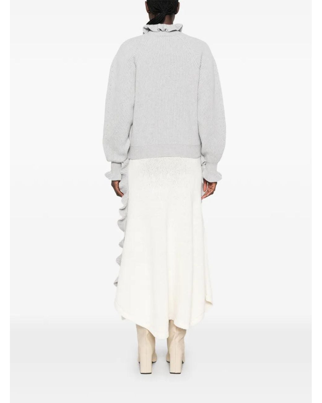 Blumarine White Ruffled Ribbed-Knit Sweater