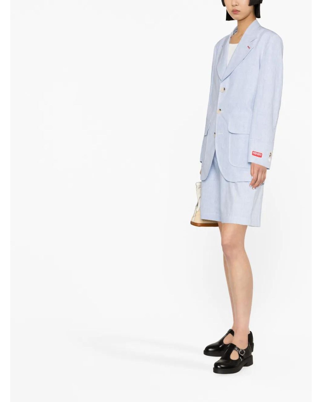 KENZO Blue Logo-Patch Buttoned Linen Blazer