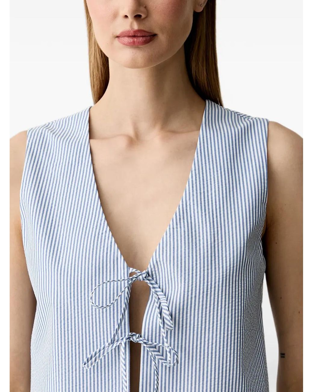 Benetton Blue Striped Tie-Fastening Sleeveless Blouse