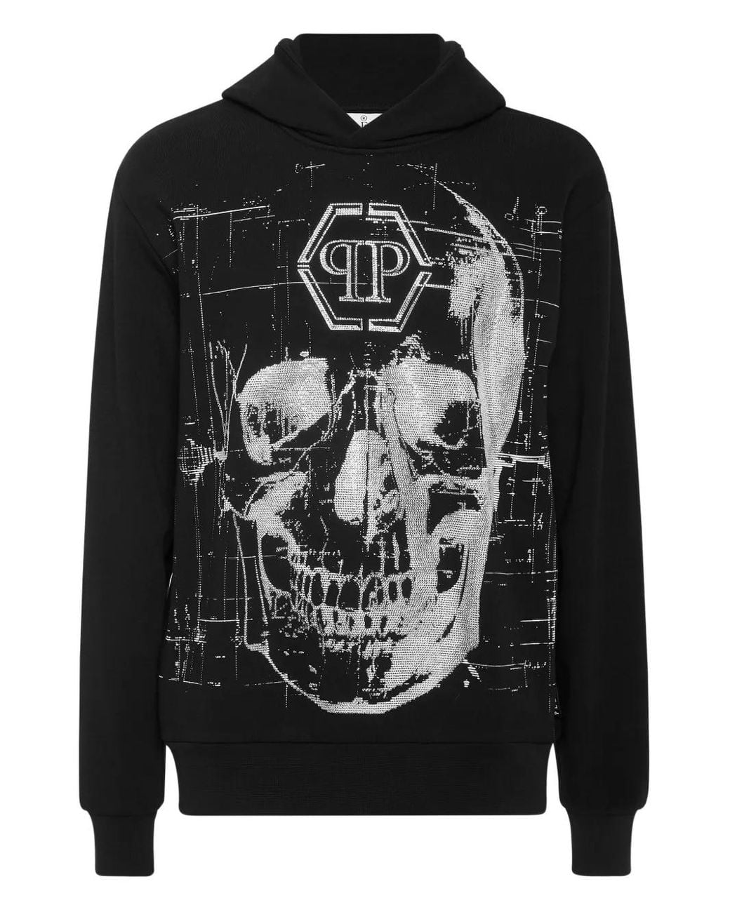 Philipp Plein Black Fleece Hoodie Sweatshirt Glass Skull for men