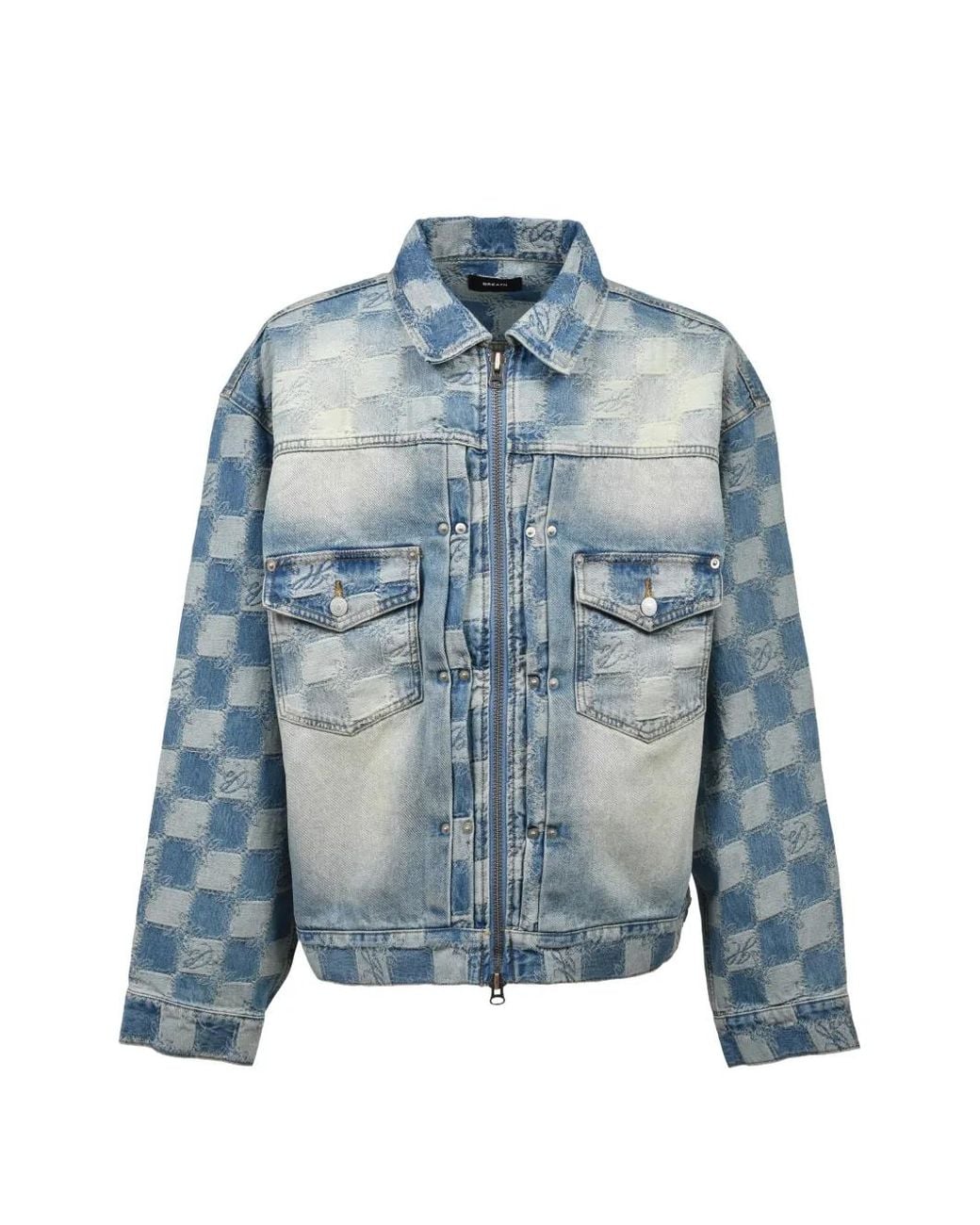 BREATH Blue Check-Pattern Distressed Denim Jacket for men