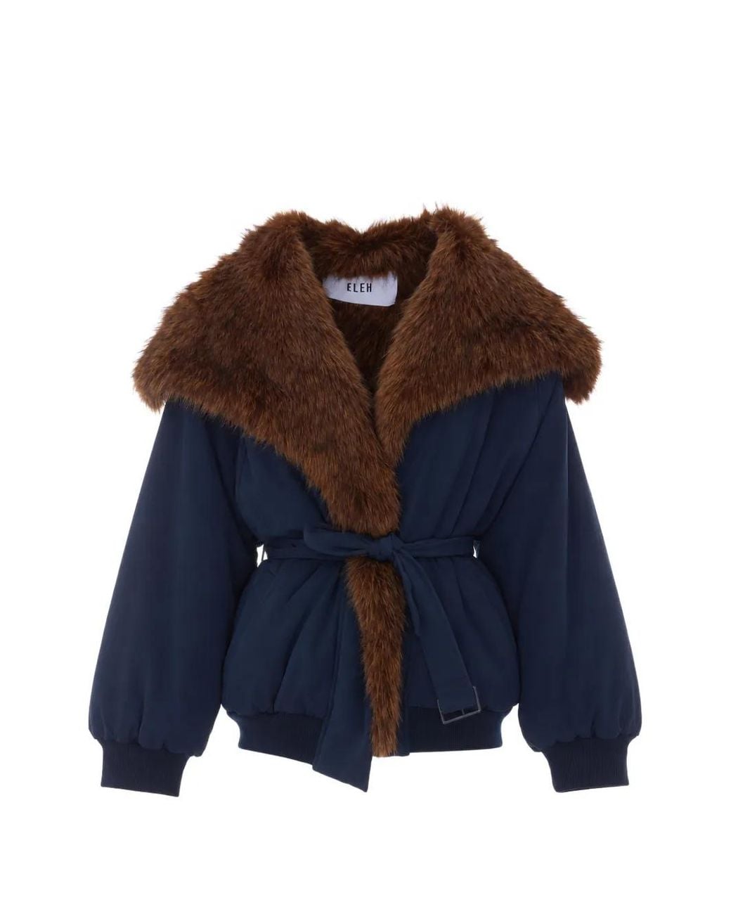 ELEH Blue Faux-Fur Trim Belted Jacket