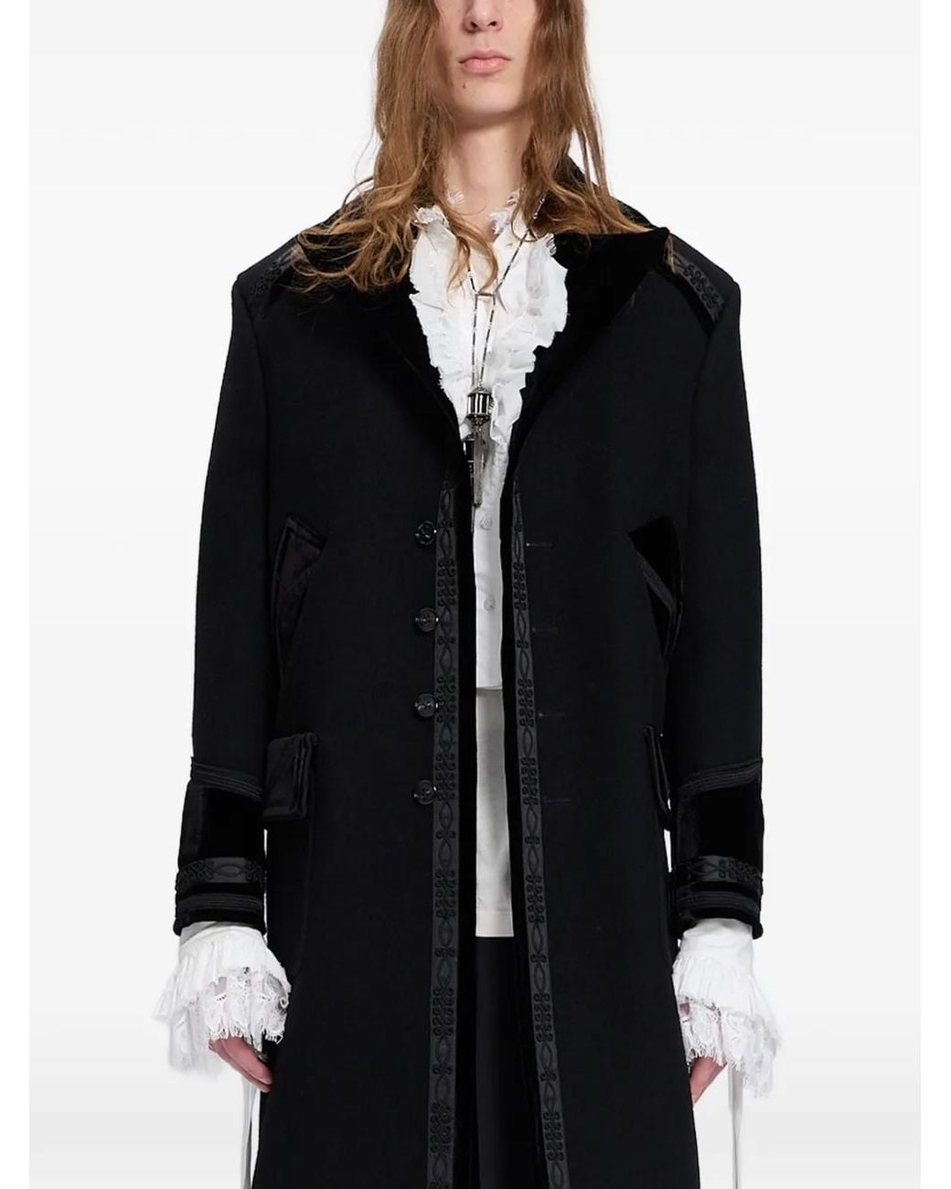 Ann Demeulemeester Black Havtor Velvet-Trimmed Embroidered Coat for men