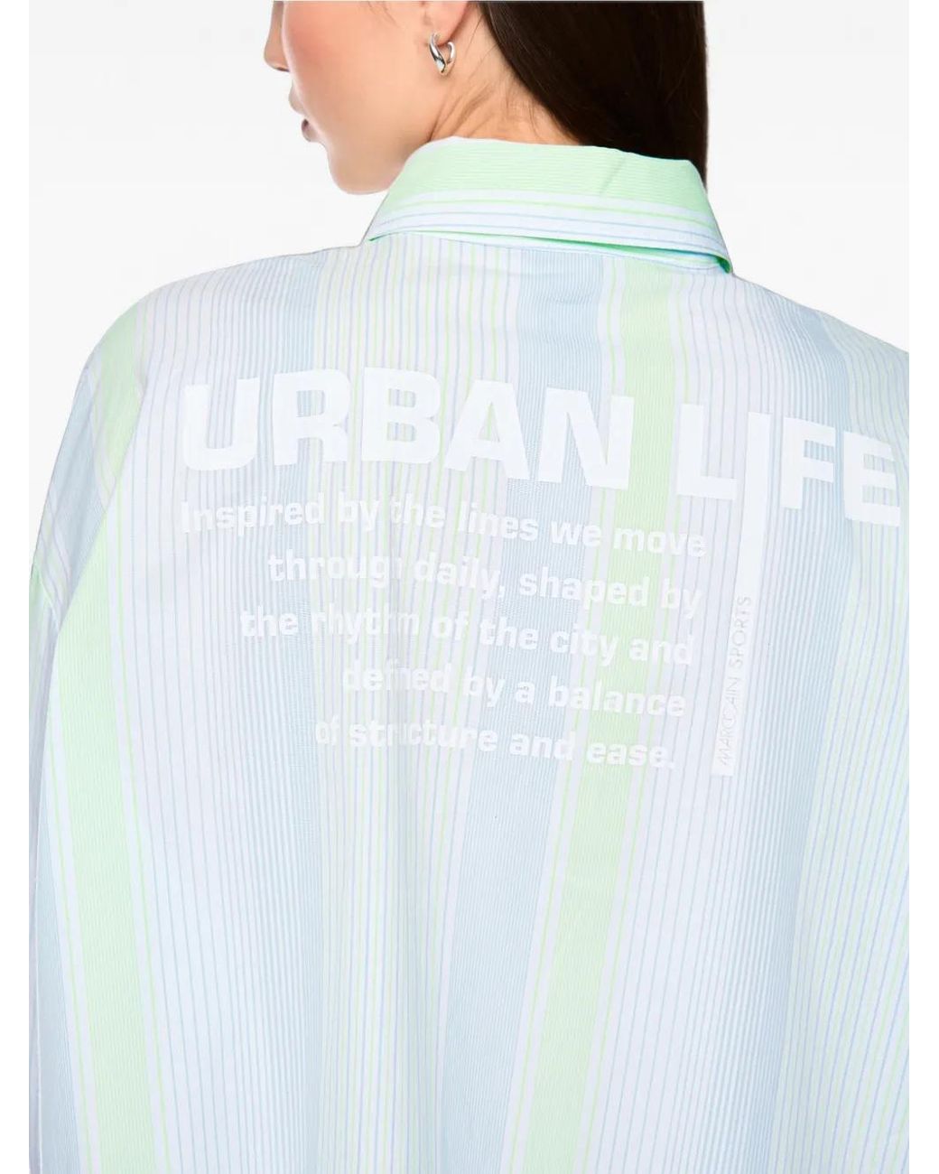 Marc Cain Blue Vertical-Stripe Logo-Print Shirt