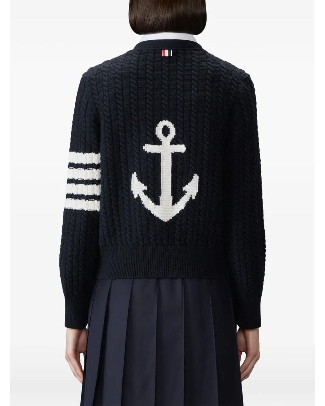 Thom Browne Blue Merino-Wool 4-Bar Anchor-Intarsia Cardigan