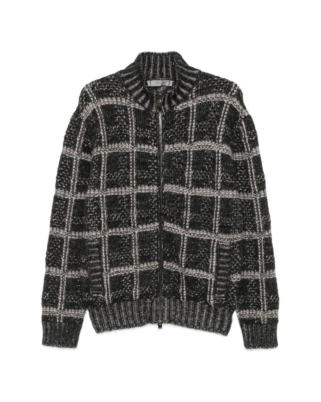 Canali Black Check-Pattern Zip-Up Cardigan for men