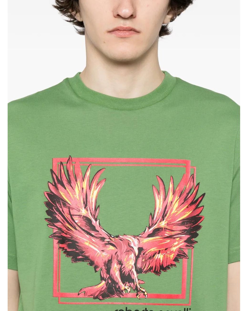 Roberto Cavalli Green Graphic-Print Cotton T-Shirt for men