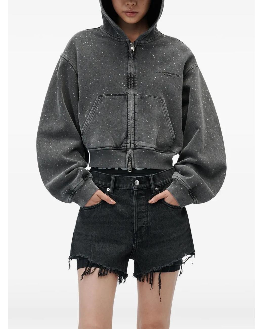 Alexander Wang Gray Crystal Hotfix Zip-Up Hoodie