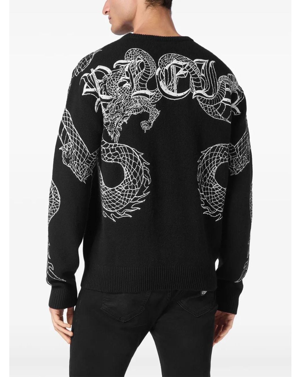 Philipp Plein Black Embroidered Dragon Wool Knit Jumper for men