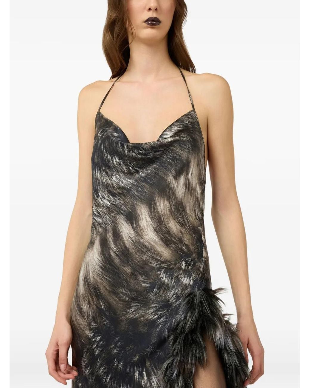 Roberto Cavalli White Maxi Fur-Print Halterneck Dress