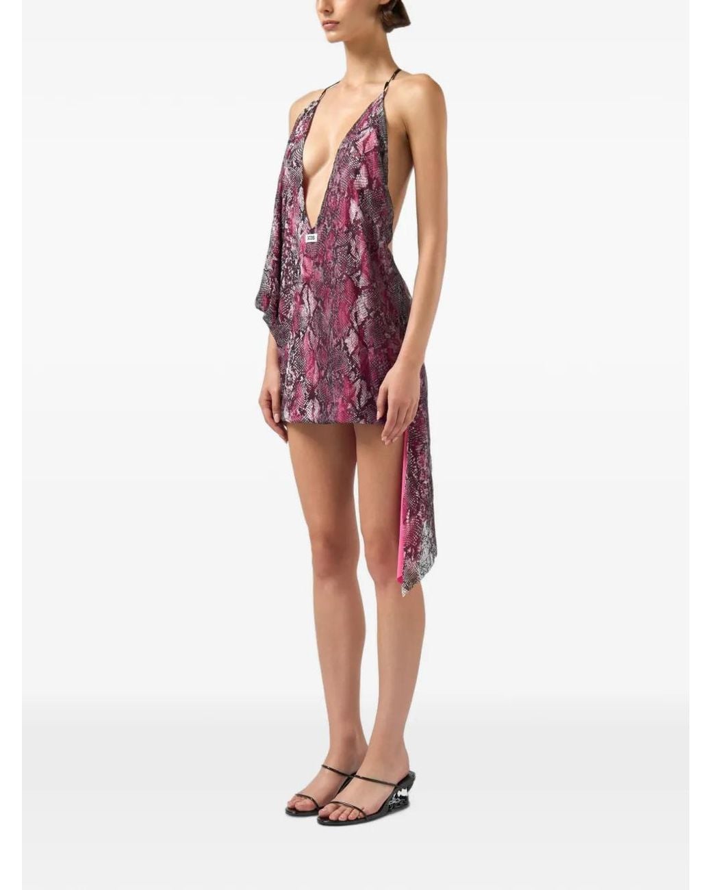 Gcds Purple Snakeskin-Print Asymmetric Dress