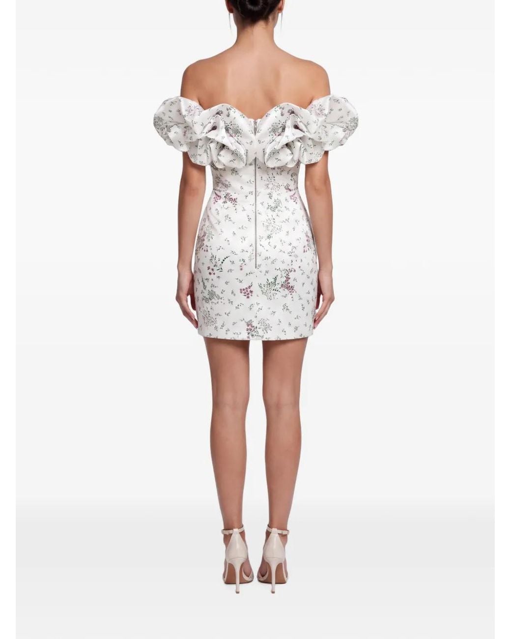 POST MERIDIEM White Ruffled Floral-Print Mini Dress