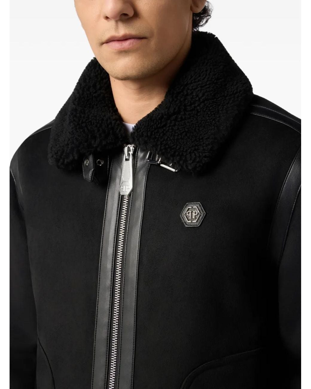 Philipp Plein Black Faux-Shearling Trimmed Jacket for men