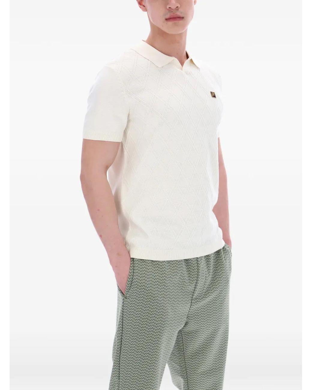 Fila White Diamond-Knit Polo-Collar T-Shirt for men