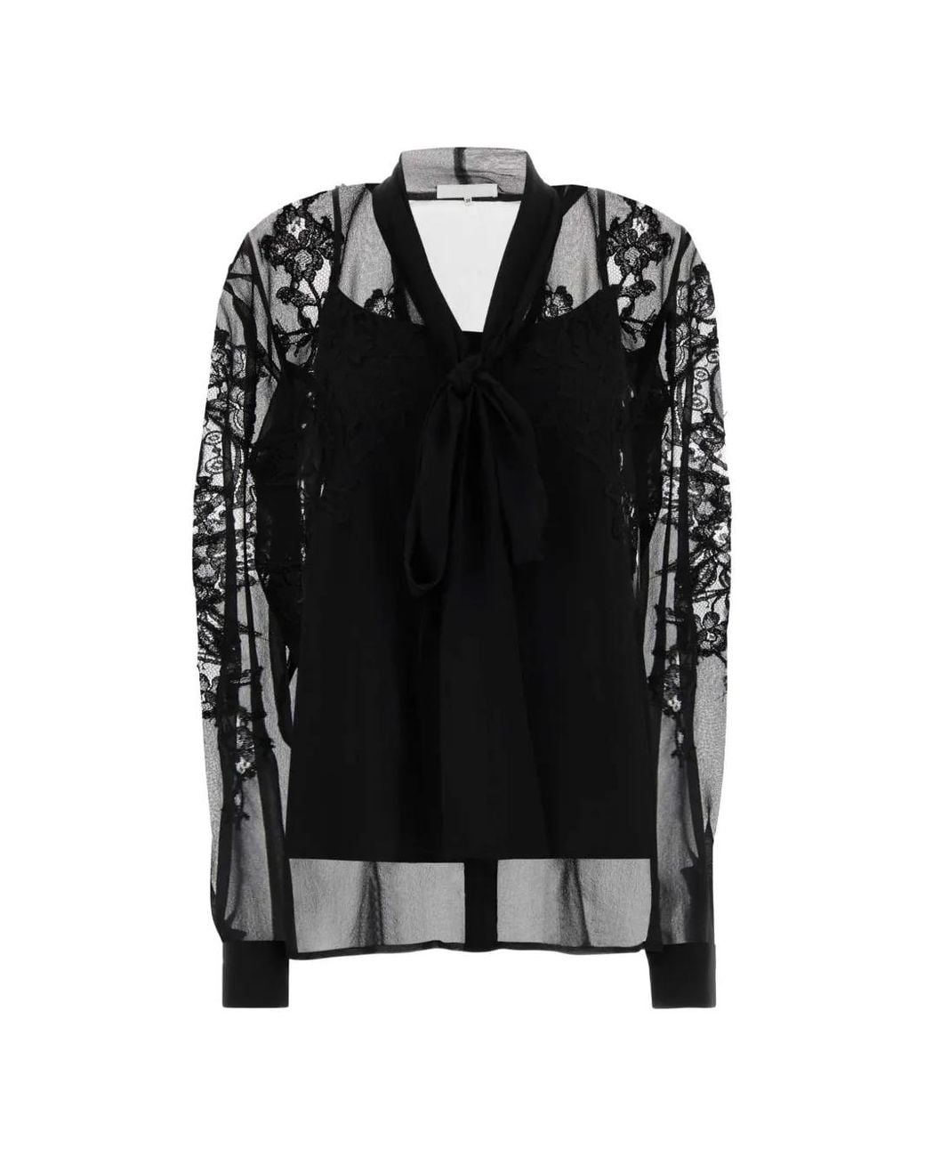 Costarellos Black Lace-Panelled Silk Blouse