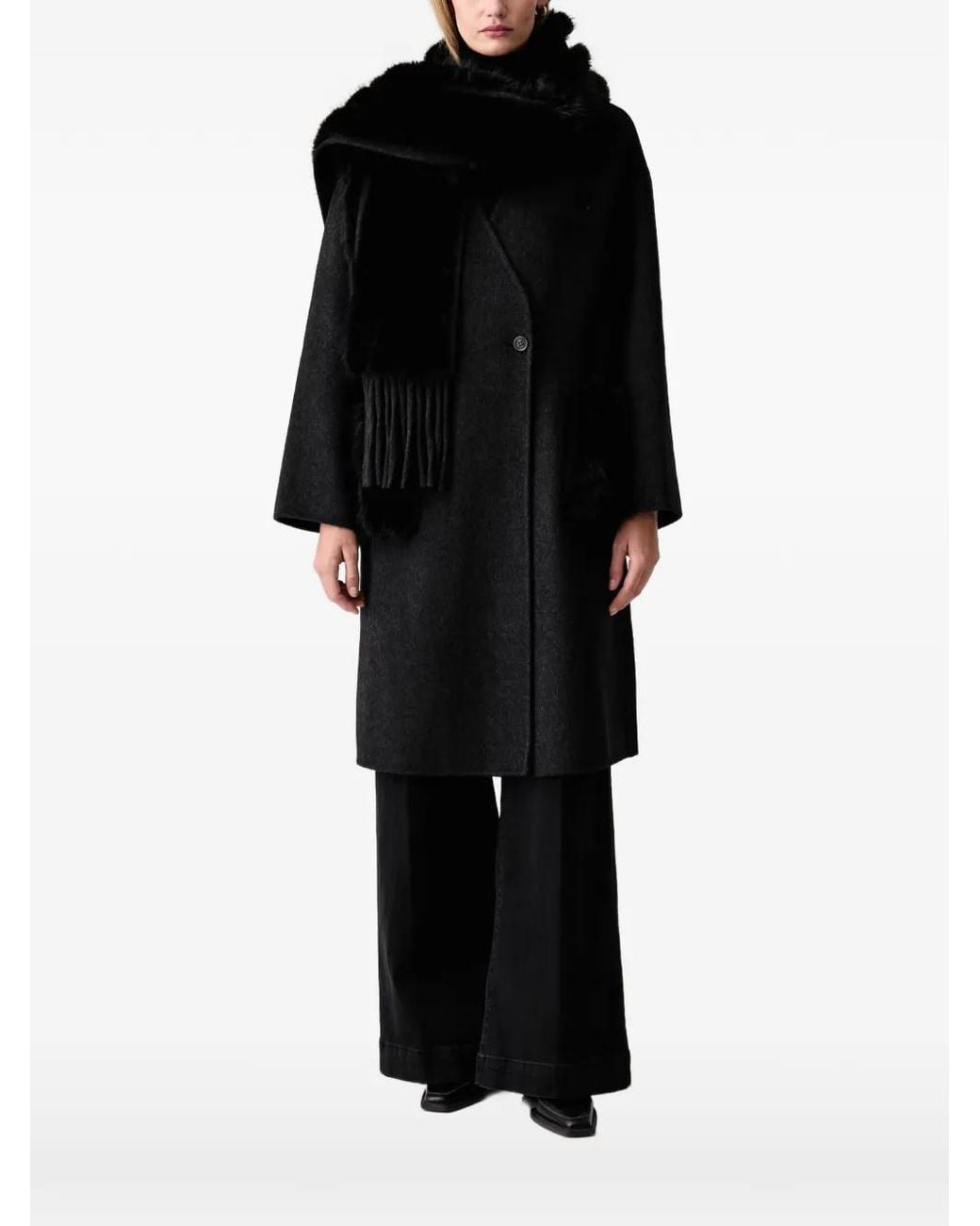 Fracomina Black Faux-Fur Trim Double-Breasted Coat