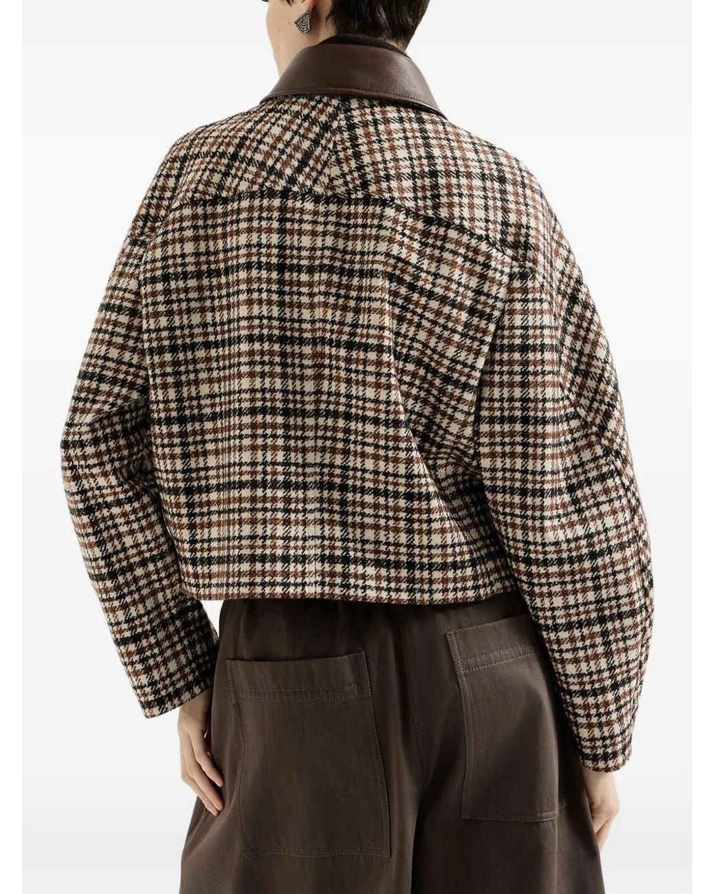 Brunello Cucinelli Brown Comfort Checked Wool And Alpaca Outerwear Jacket With Leather Collar And Monili